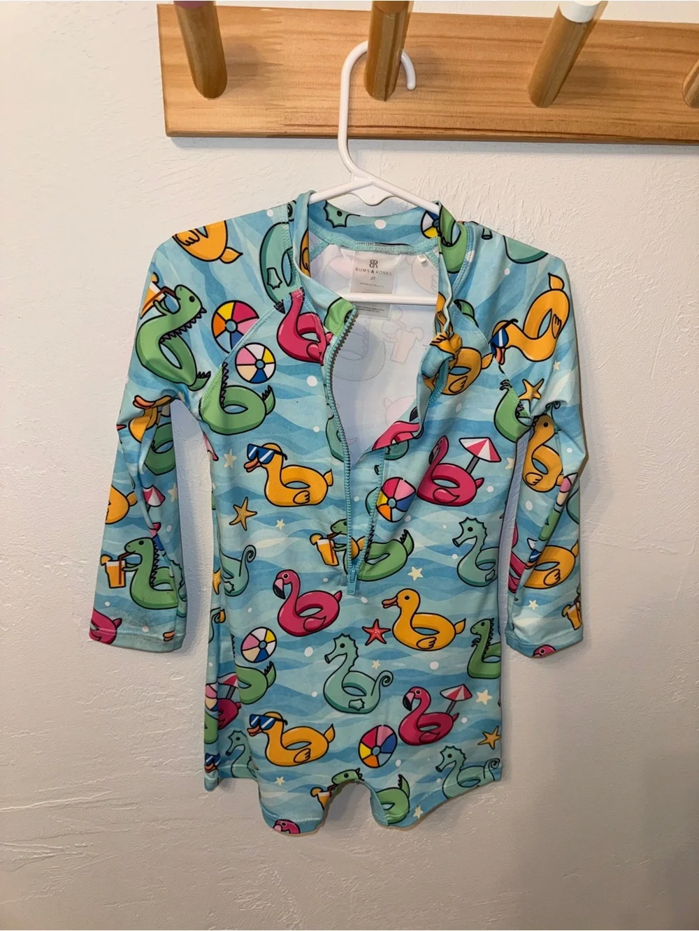 Kids' Long Sleeve Swim Zip Up Rashguard - Aqua with Colorful Pool Float 2T EUC